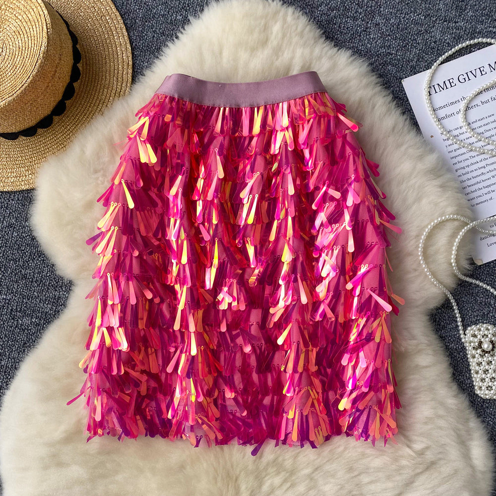 European and american style  summer new arrival: pure & sultry hot girl sexy versatile colorful sequin sparkly midi skirt with tassel detail
