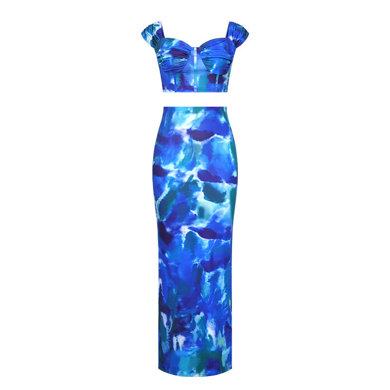 Printed cropped cami top and bodycon maxi skirt two-piece set - european & american style women's summer  new arrival