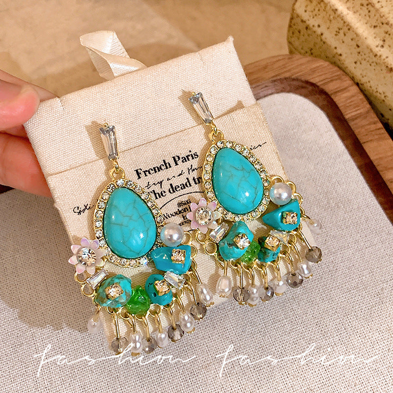 New chinoiserie retro turquoise tassel flower earrings women's niche design ethnic style earrings fashionelegant earrings