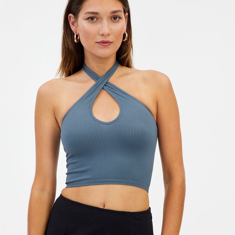 , European and American neck body underwear fitness yoga V-neck backless small vest threaded candy color