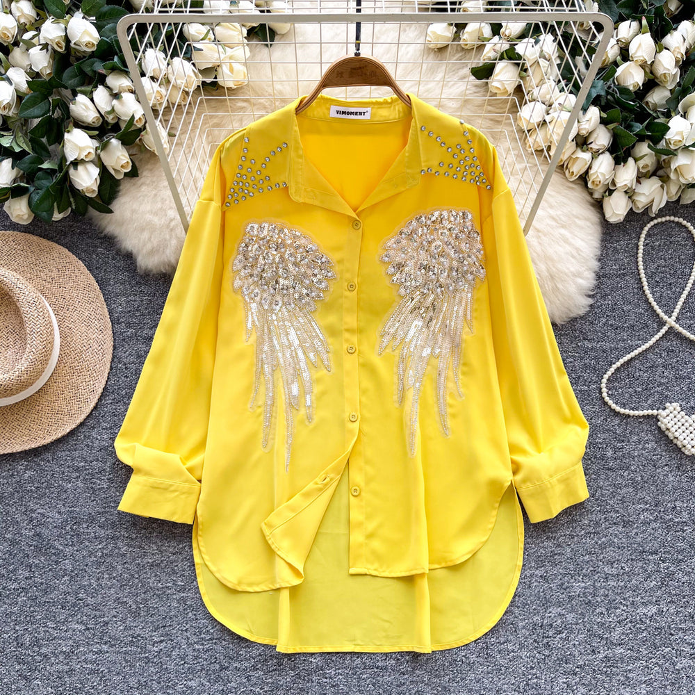 Classy heavy industry diamond-encrusted polo collar long sleevesshirt women's looseslimming lookcasualsequinembroider single-breasted tops