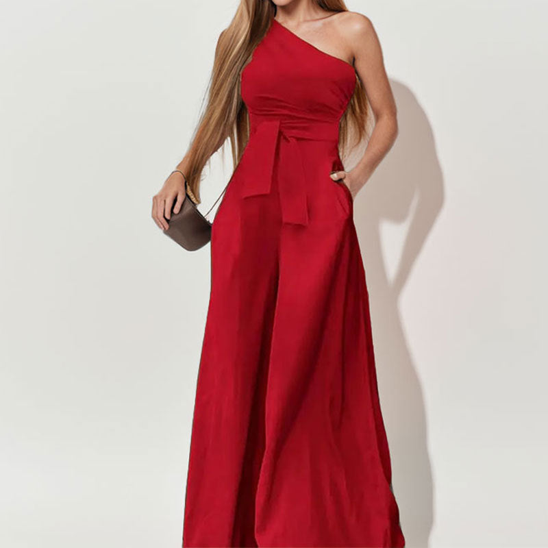 cross-border e-commerce women's fashion: european and american summer new arrivals - stylish and elegant solid color one-shoulder tie-up wide-leg jumpsuit