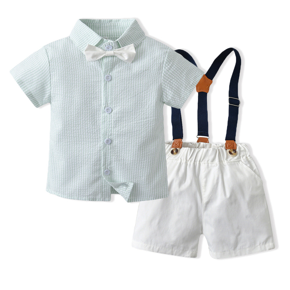 Wholesale children's clothing direct from the manufacturer: boys' preppy-style short-sleeved plaid shirt and suspender shorts set, dropshipping available