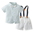 Wholesale children's clothing direct from the manufacturer: boys' preppy-style short-sleeved plaid shirt and suspender shorts set, dropshipping available