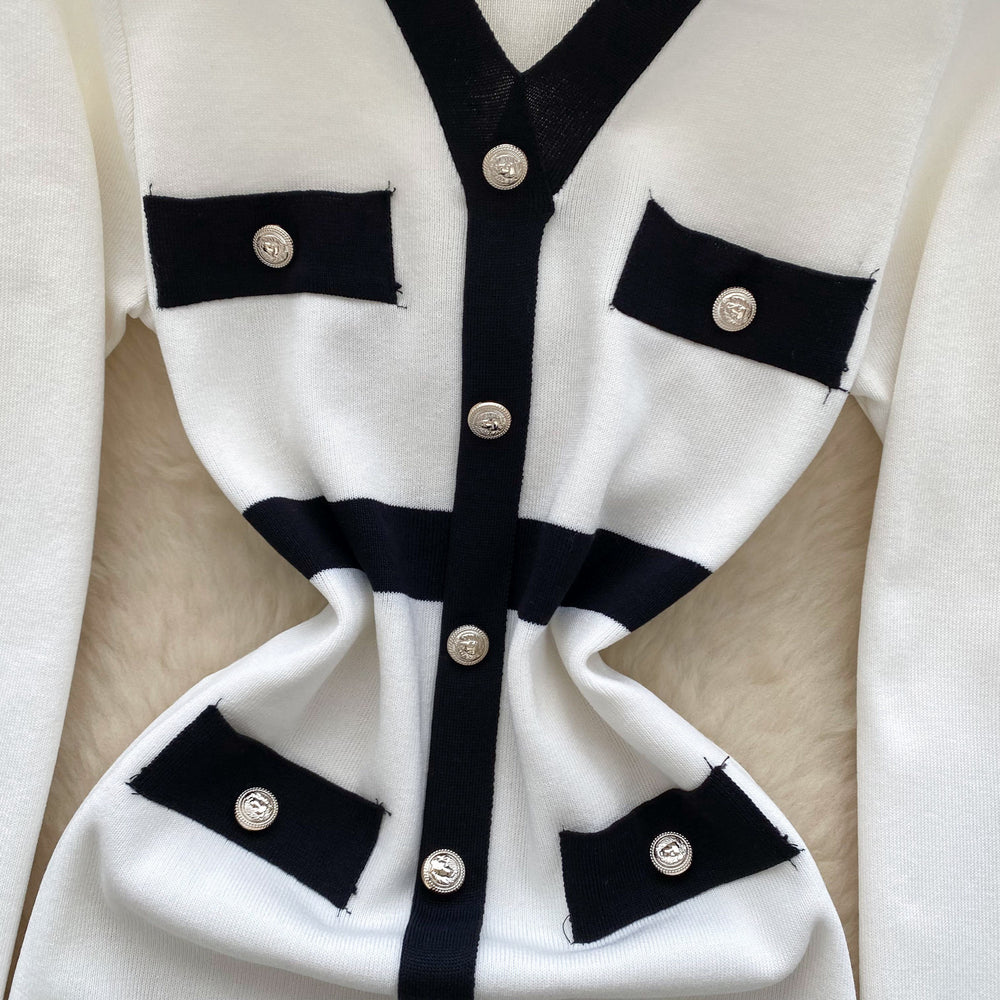 autumn new arrival: women's knitted dress - chanel-inspired retro color block v-neck knit dress with metal buckle waist detail and slim fit