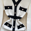 autumn new arrival: women's knitted dress - chanel-inspired retro color block v-neck knit dress with metal buckle waist detail and slim fit