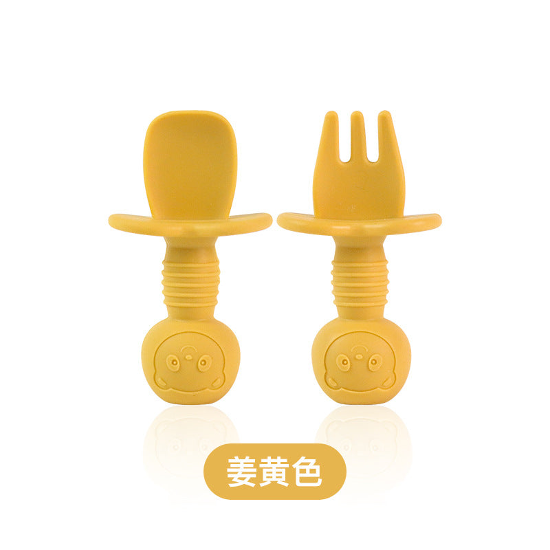 Food grade silicone fork and spoon baby learning to eat training licking spoon short handle silicone complementary food spoon mini baby soft spoon