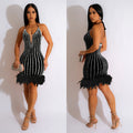 C6609   fashion women's solid color hotfix rhinestone mesh feather tie-up mini dress