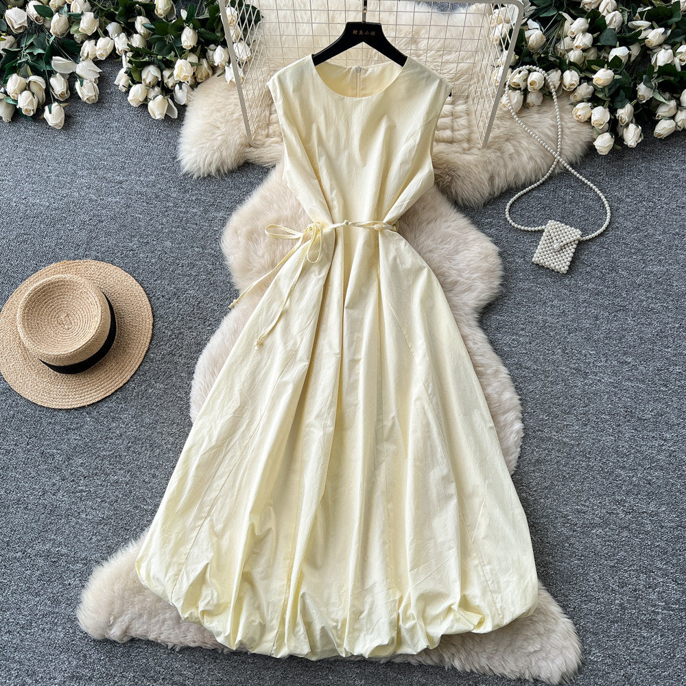 French sleeveless tie-up a-line tulip dress - women's summer high-waisted cinched waist tie detail flowy luxury work dress