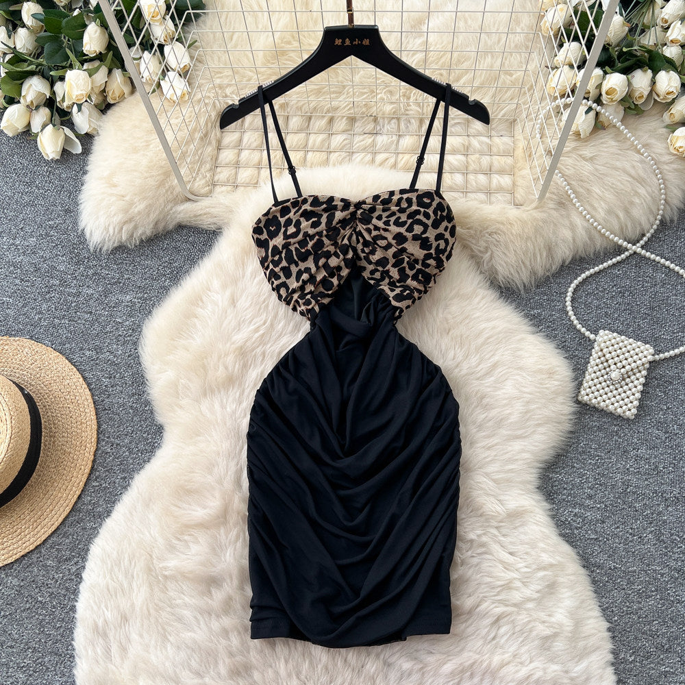 Sexy leopard print cami mesh mini dress - women's summer high waist bodycon tube top dress - boss babe style
