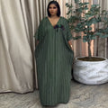 European and american cross-border african women's clothing  spring new arrival: elegant v-neck green striped bowknot loose dress