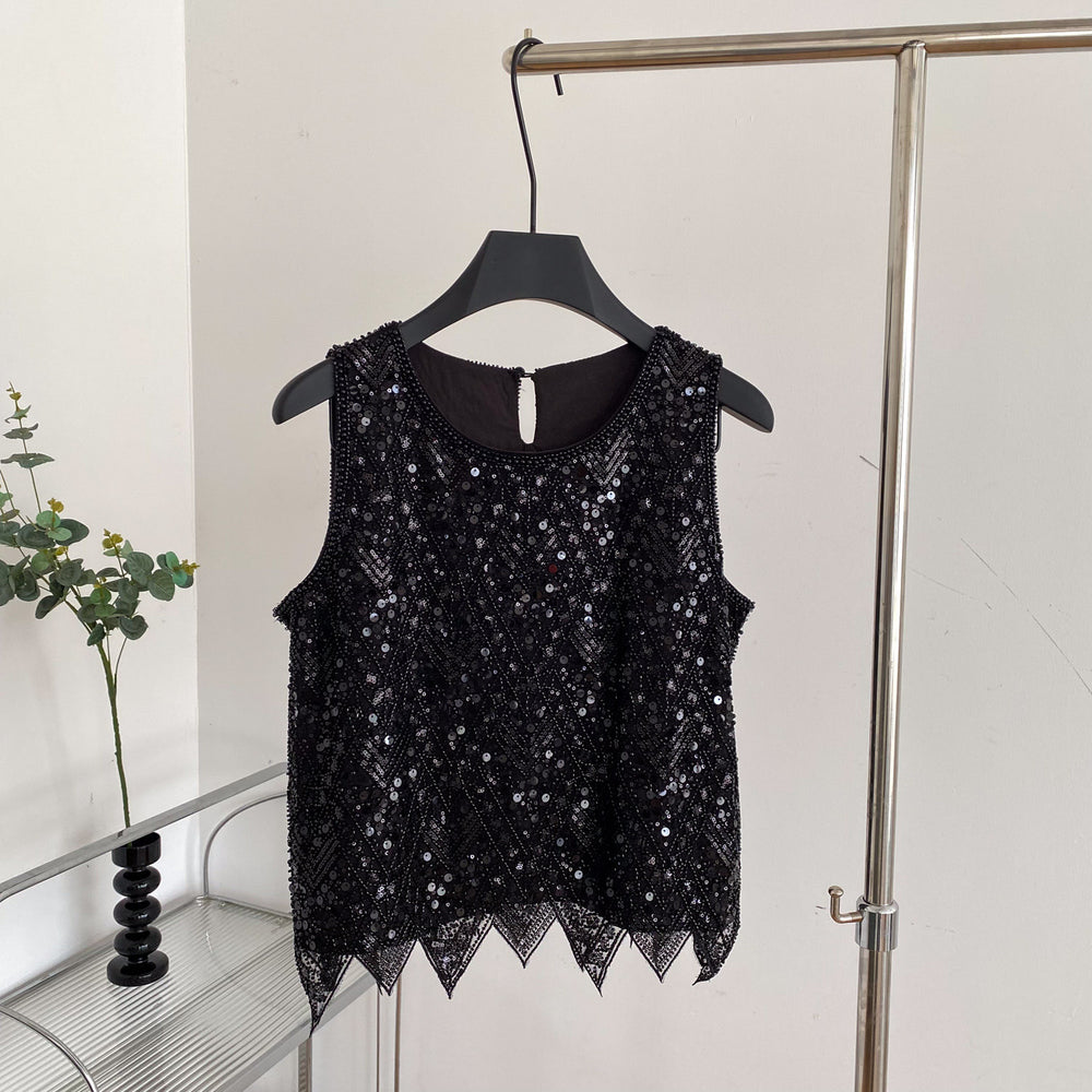 Korean style commute chic: heavily beaded sequin vest - women's v-neck single-breasted light luxury design vest, elegant top