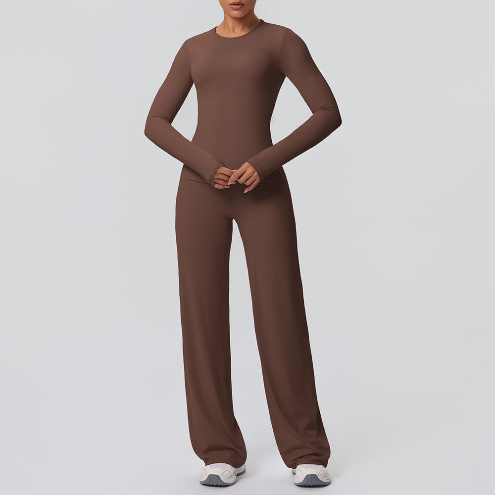 double-sided brushed pure color tight training long sleeves wide-leg yoga suit sports running fitness two-piece set