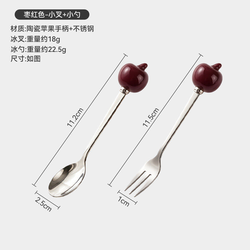 Colorful apple fork and spoon set - creative spoons with stainless steel and ceramic handles for fruit, coffee, cake, and desserts - wholesale