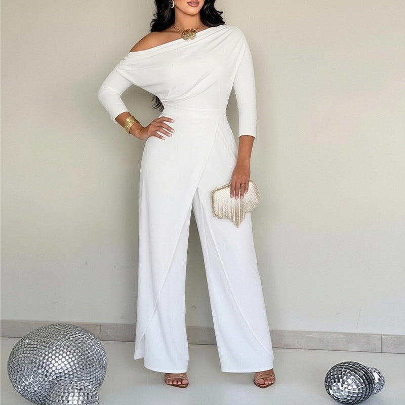 cross-border e-commerce women's fashion: european and american summer new arrivals - stylish, chic, and trendy solid color wide-leg jumpsuit for work and casual wear