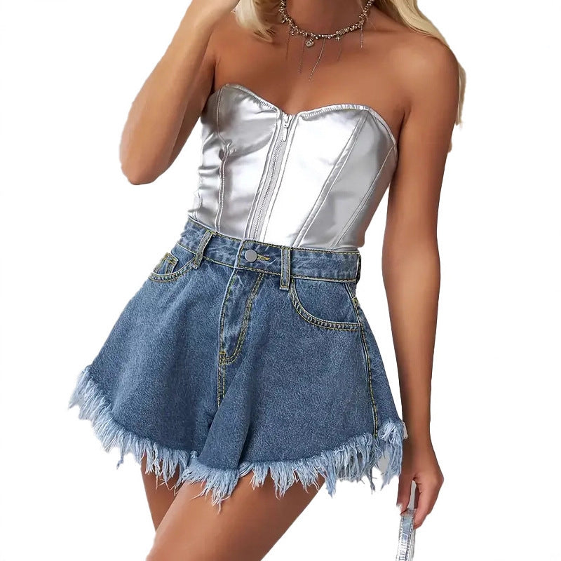 summer new arrival: raw hem denim hot pants - women's high-waisted, slimming, designer a-line wide-leg denim shorts