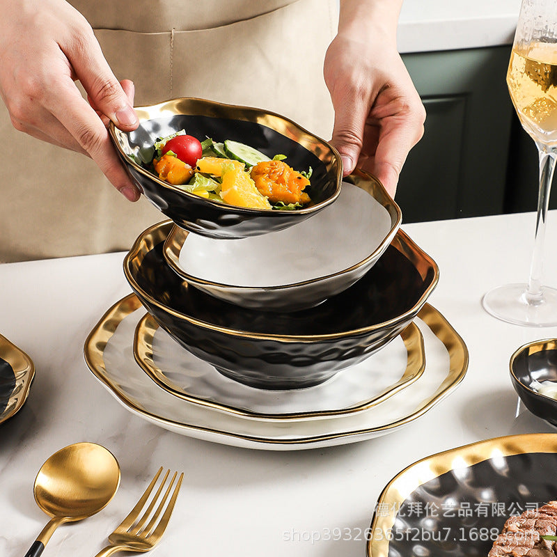New arrival high-end gold-plated edge western steak plate matte ceramic bowl plate set combination large hat bowl wholesale