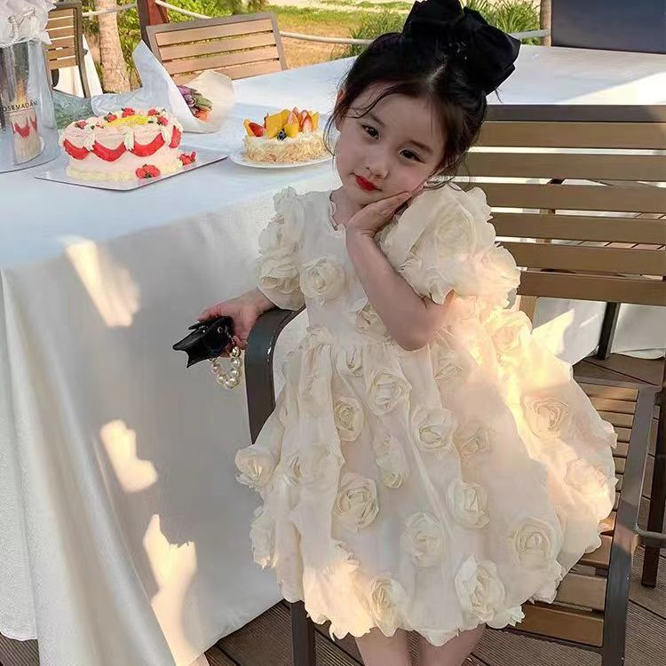 【clearance】girls' summer dress: new, stylish rose-embellished, fairy-tale bubble sleeve princess tutu dress