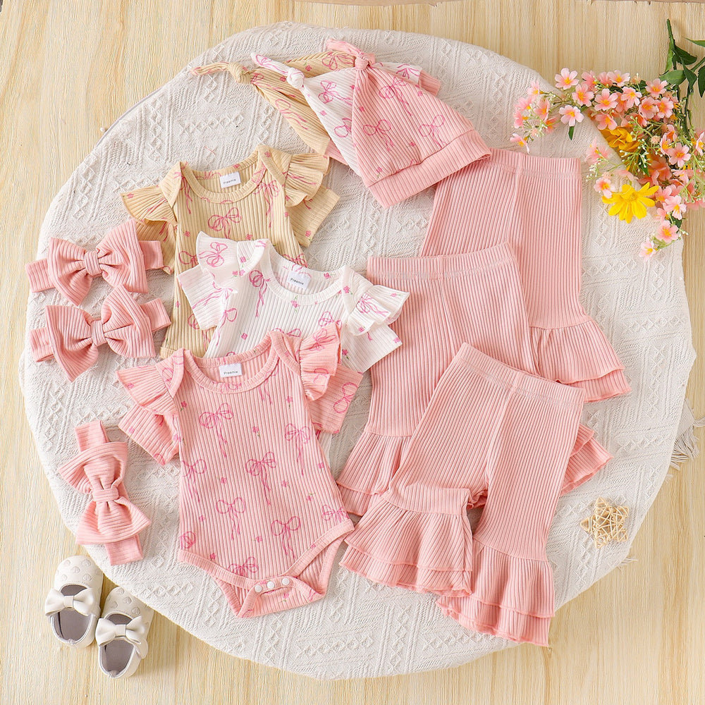 new product european and american summer bow printing pink flared pants cute baby children's clothing suit wholesale
