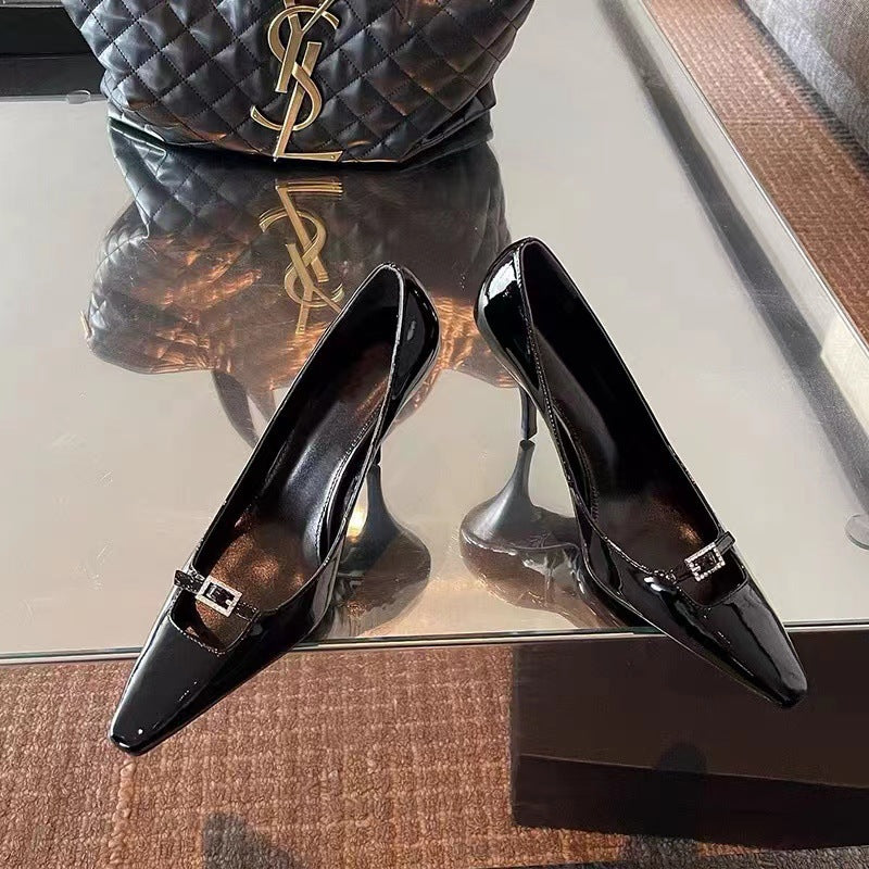 personalized black high heels pointed toe women's flats small fragrant style women's shoes summer stiletto patent leather square toe women's shoes