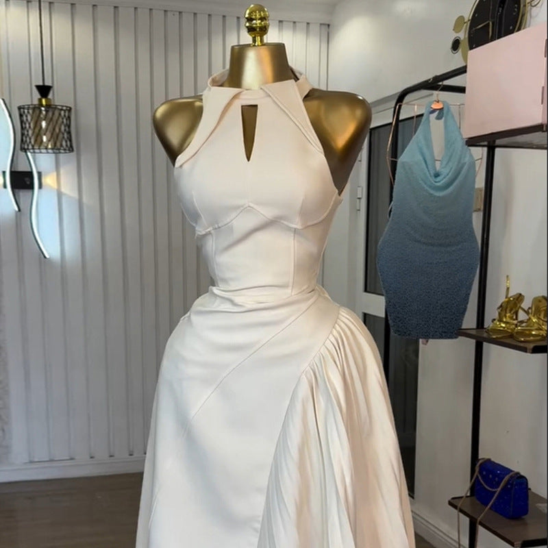 European and american cross-border women's fashion:  summer new arrival - elegant halter neck cutout irregular sleeveless dress with unique design