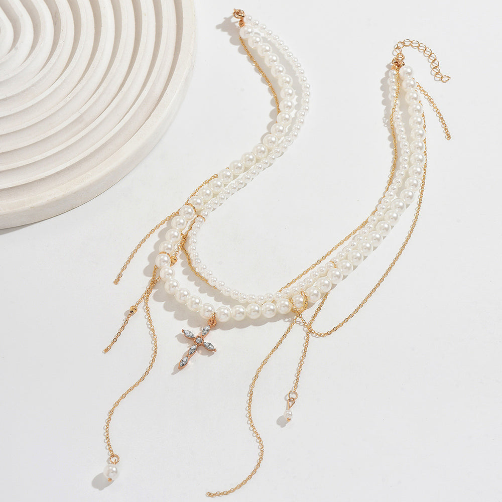 European and american retro multi-layer tassel cross necklace - trendy, edgy, sweet & cool ins style faux pearl choker clavicle chain