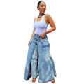 European and american style faux two-piece denim skirt jeans -  cross-border women's fashion streetwear trendy symmetrical slit jeans