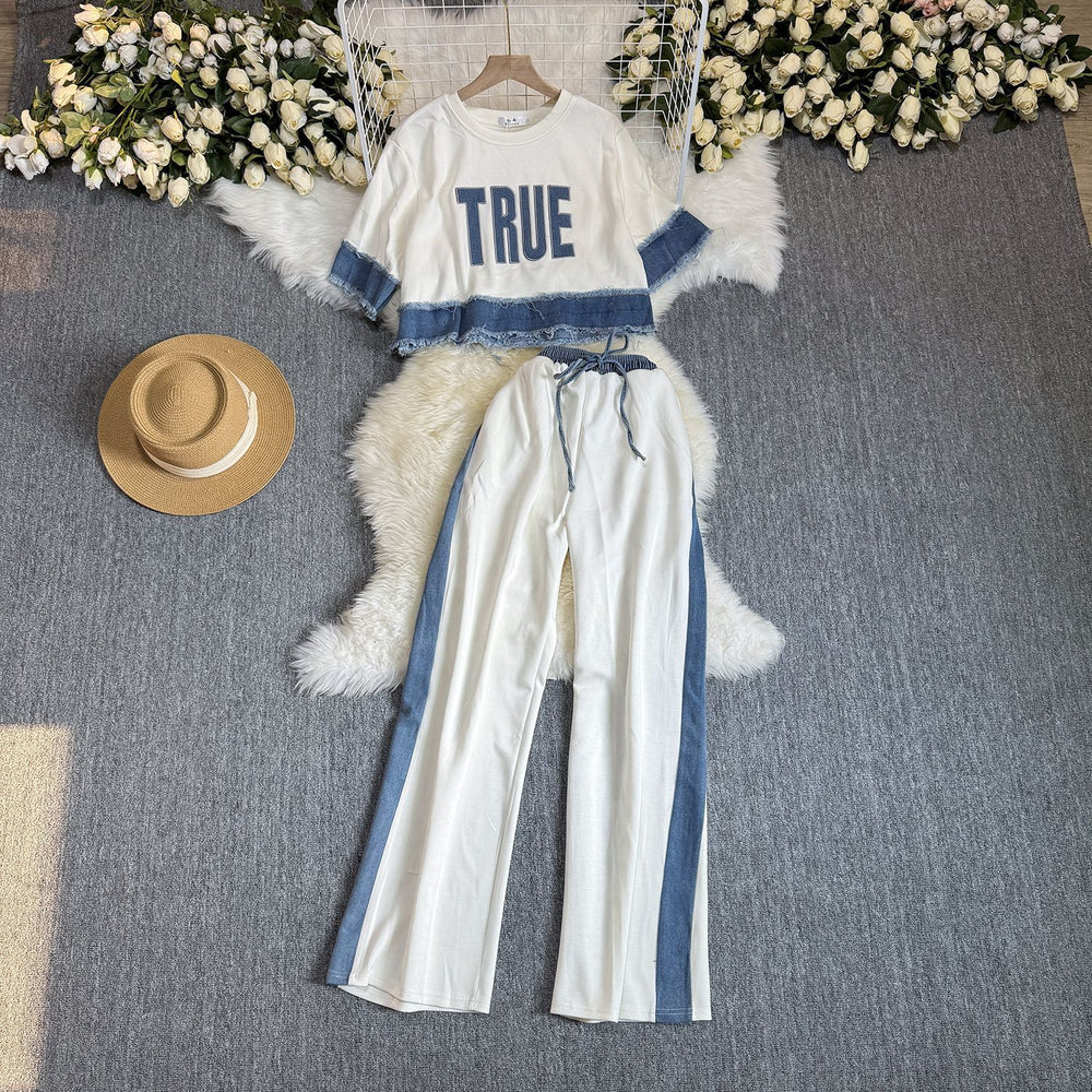 summer women's loose fit short sleeve pullover top and wide leg pants color block two-piece activewear set