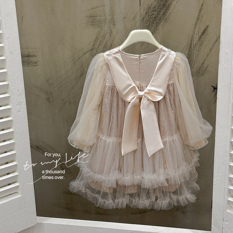 Girls' dress  autumn new arrival: exquisite sequin tulle tutu dress, high-end formal gown with bow detail, princess style