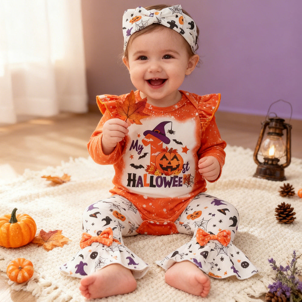 Baby girl halloween pumpkin letter print romper, flare pants, and headband three-piece set