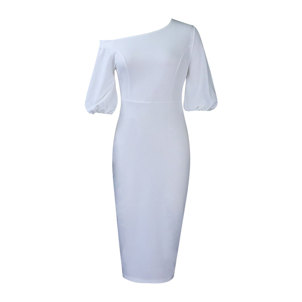 D218 european and american women's clothing  summer new arrival solid color one-shoulder puff sleeve ol style elegant plus size cross-border dress