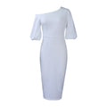 D218 european and american women's clothing  summer new arrival solid color one-shoulder puff sleeve ol style elegant plus size cross-border dress