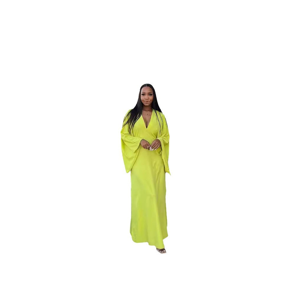 European and american cross-border women's fashion:  autumn new arrival - solid color v-neck batwing sleeve elegant long slit dress