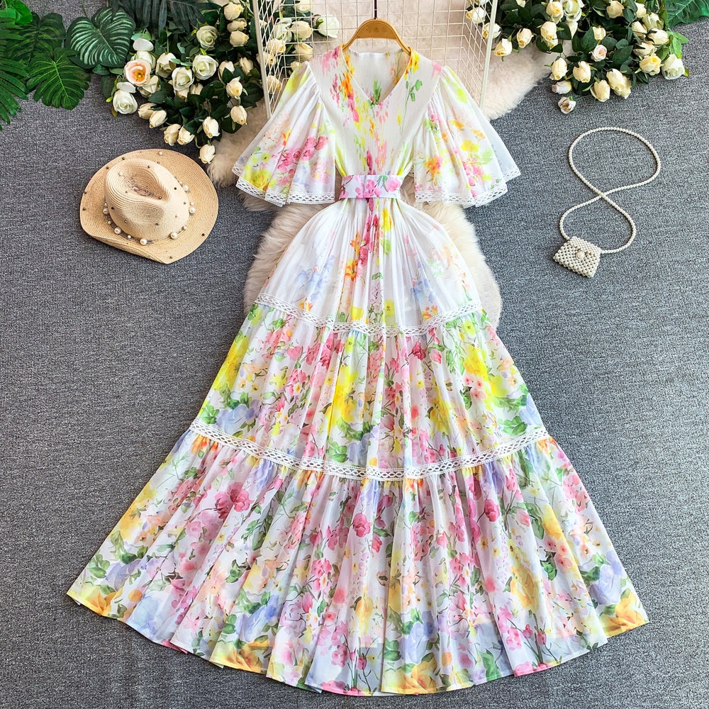 French riviera style printed short-sleeve pleated dress - women's summer v-neck, cinched waist, tie-up maxi dress - high-end, slimming fit