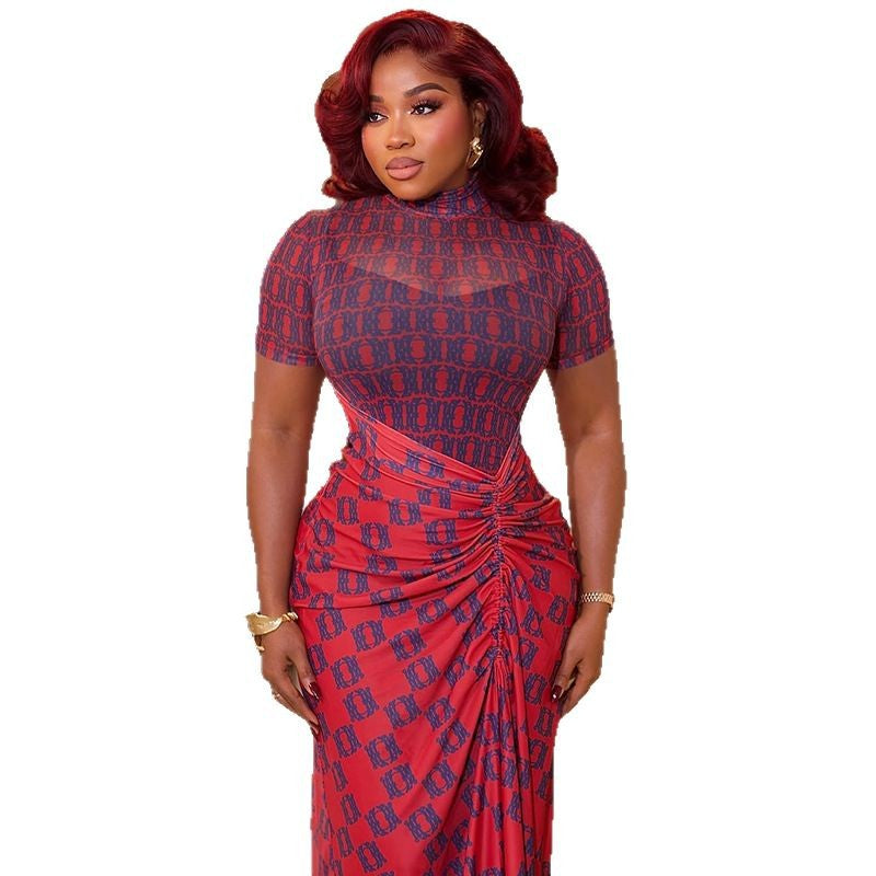 European and american style cross-border slimming waist-defining women's see-through patchwork versatile bodycon skirt pleated printed high-neck maxi dress