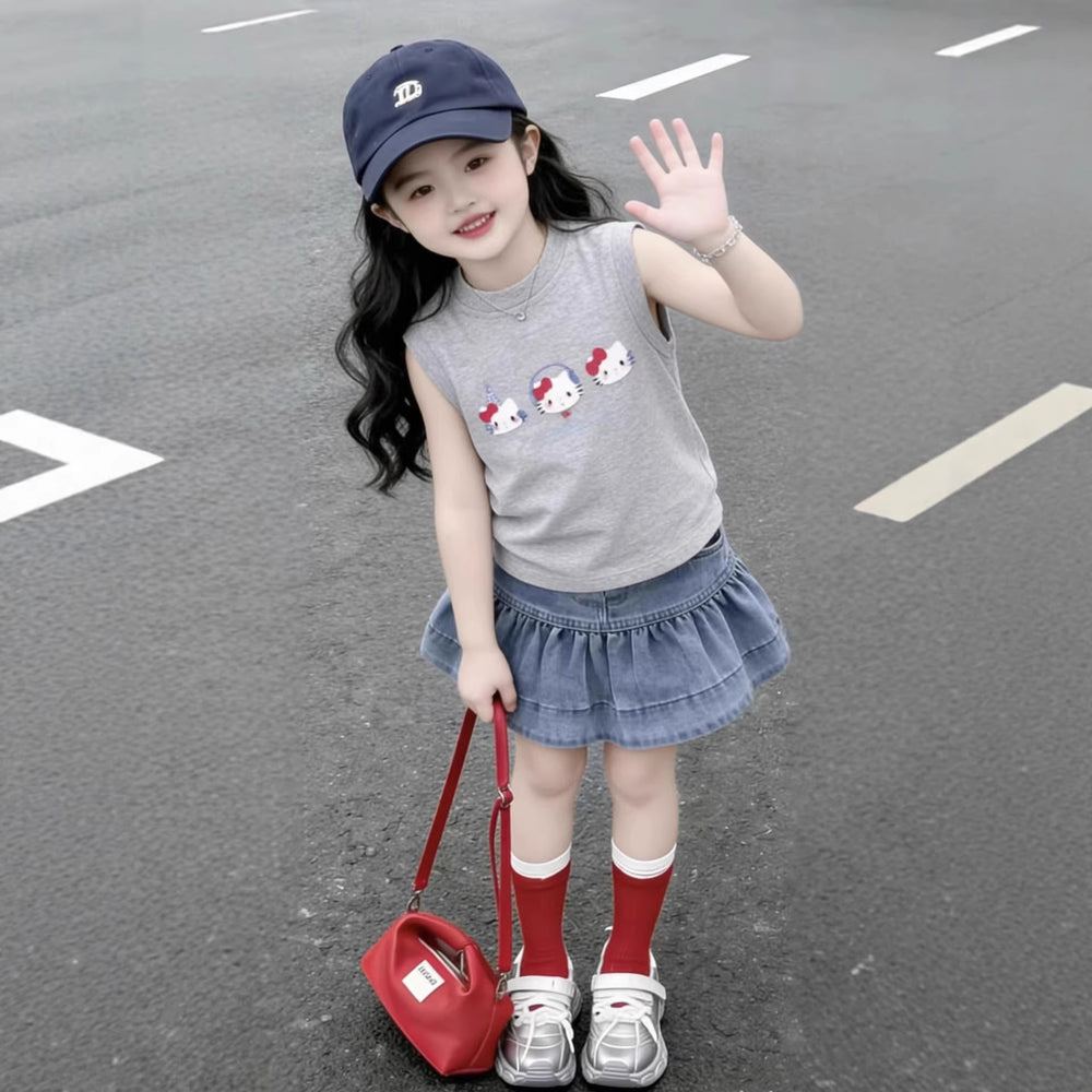 Girls'  summer comfortable cartoon cat tank top set, baby girl casual sweet denim skirt two-piece outfit