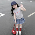 Girls'  summer comfortable cartoon cat tank top set, baby girl casual sweet denim skirt two-piece outfit