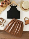 cross-border girls' fashion bowknot solid color camisole + pu leather skirt two-piece set
