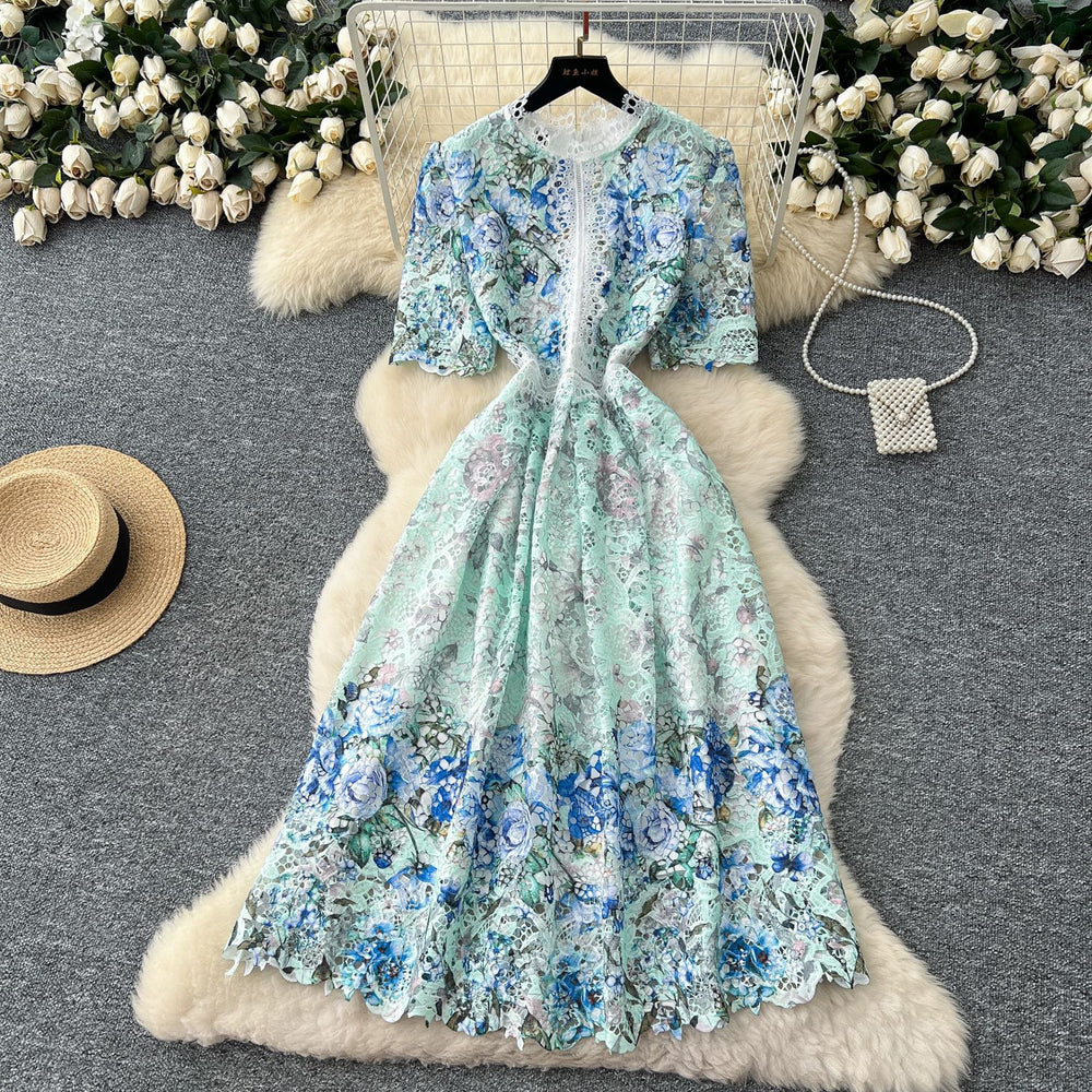 Luxury french-style gradient print dress - women's summer heavy-duty hollow-out crochet dress - elegant and sophisticated maxi dress