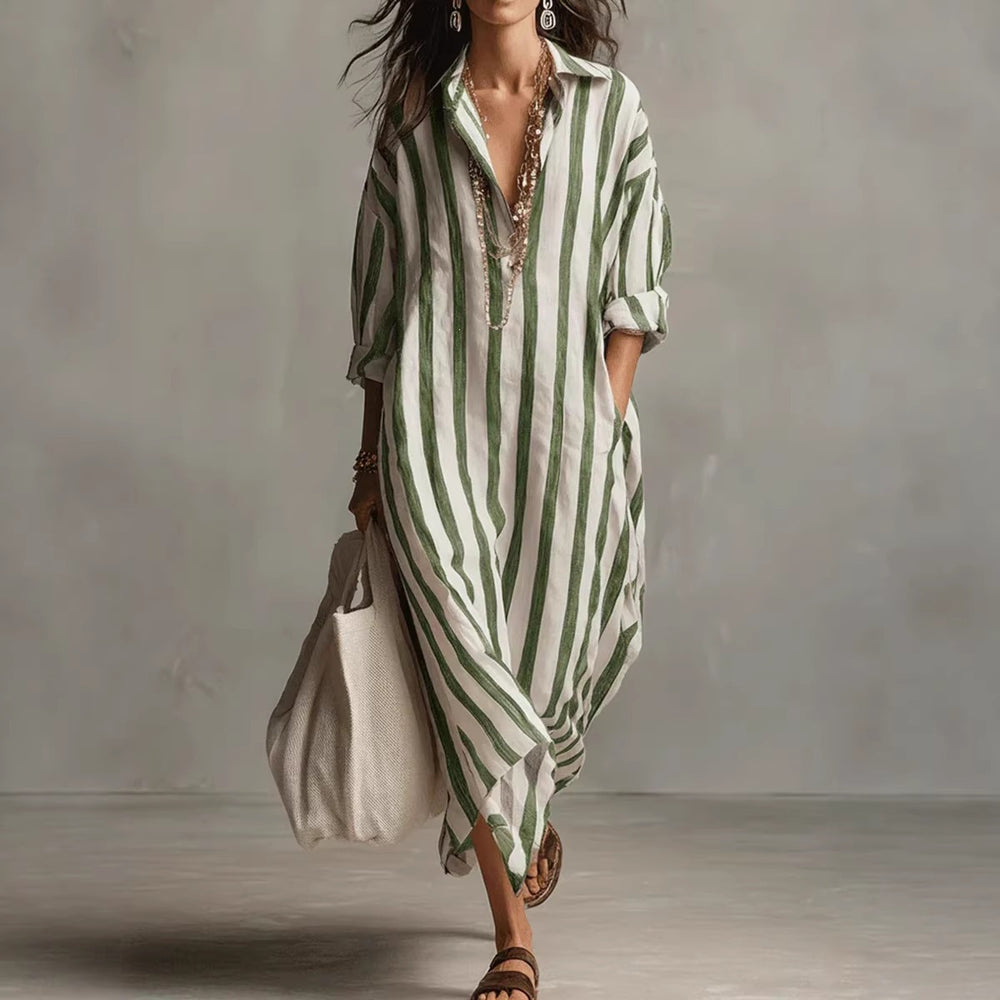 european and american independent station cross-border fashionloosev necklongstripessummer nine-quarter sleeve women's shirtdress