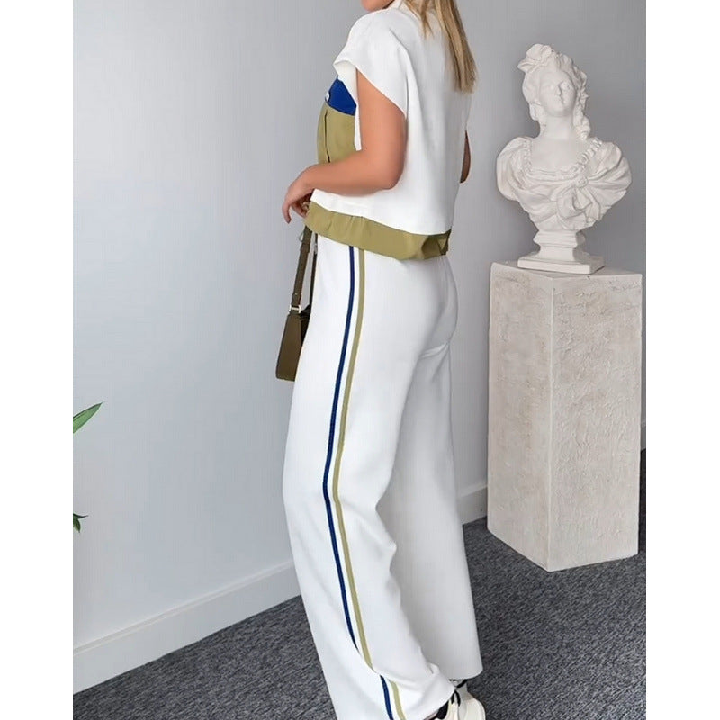 cross-border fashion zip-up top and pants color block two-piece set plus size outerwear
