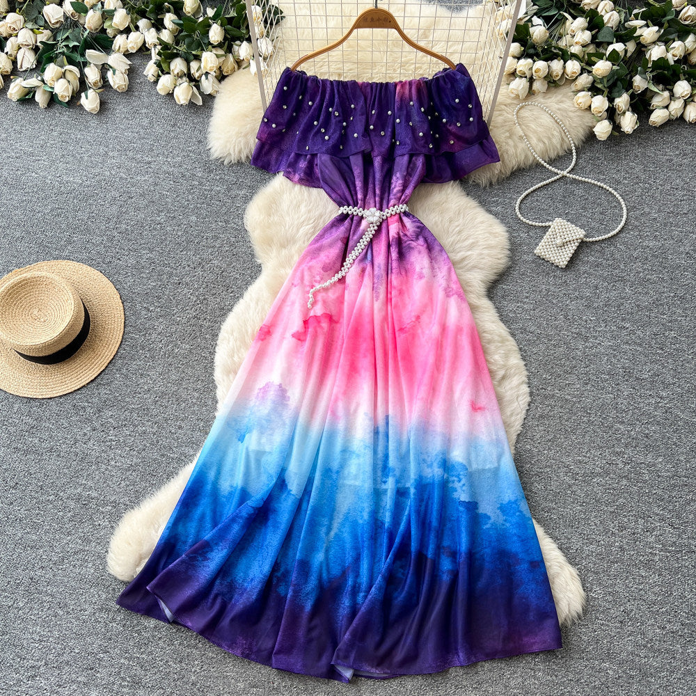 new women's summer sleeveless printed dress with pearl off-the-shoulder neckline, high-waisted a-line skirt, commute-friendly high street style