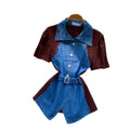Frenchretro denim patchworkretroshirt women's summer short-sleeved waist tie backslimming lookwork clothing styletops