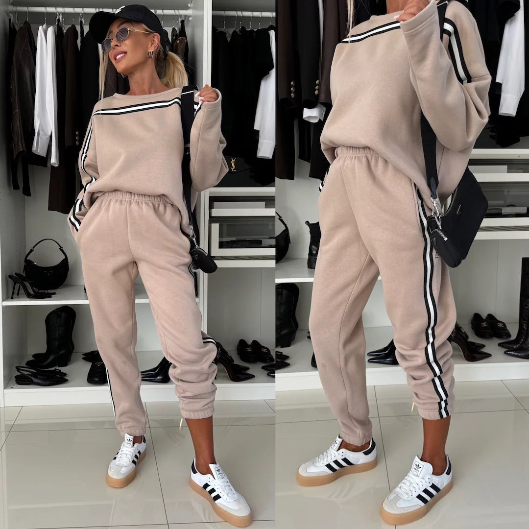 Europe, America and Autumn New Women's Casual Color Matching Set Crew Neck Long Sleeve Sweater Sports Elastic Pants Two-piece Set