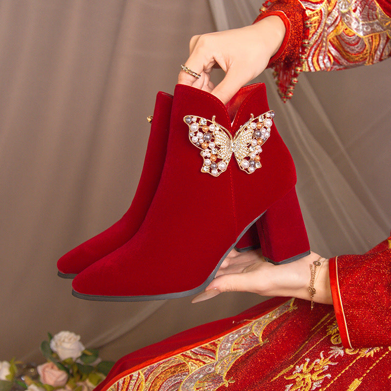 2024fall and winteroutwearfashionboots women's pointed toe thin heel xiuhu red bridal shoes pearl suede short boots