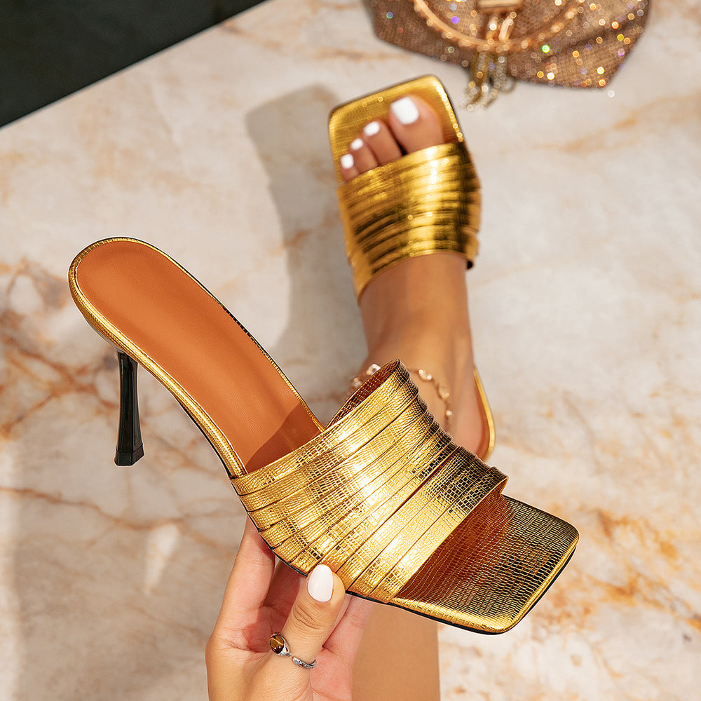 Women's fashion square toe gold heel sandals - stiletto heel slip-ons for casual wear