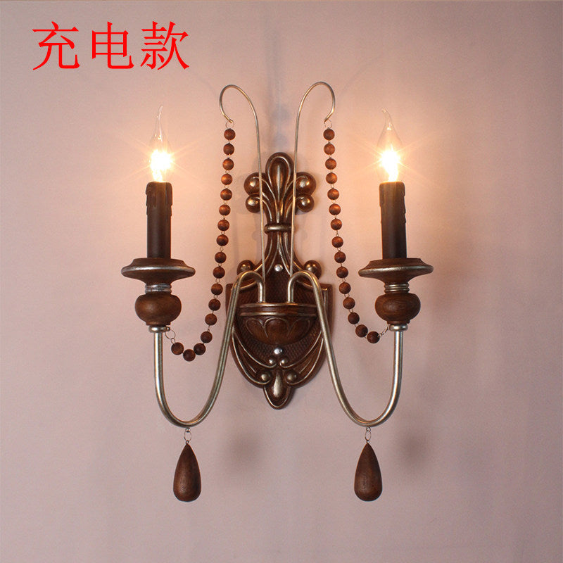 American retro wall lamp - cordless charging, solid wood, french style for living room, bedroom, bedside, hallway, stairway, candle wall sconce