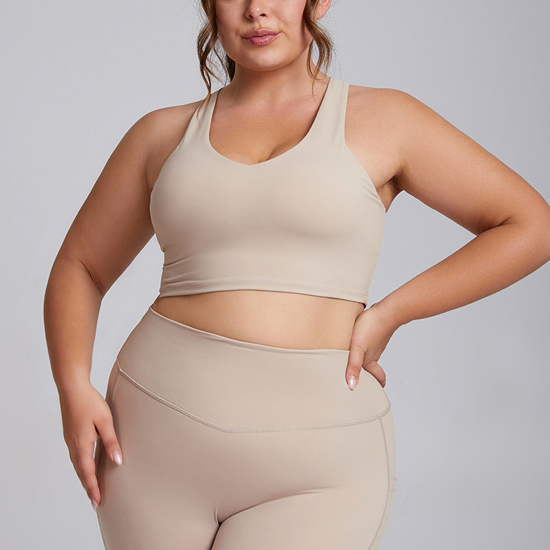 European and american plus size sports bra for women, high impact shockproof brushed fabric racerback yoga tank top, high elasticity breathable fitness bra