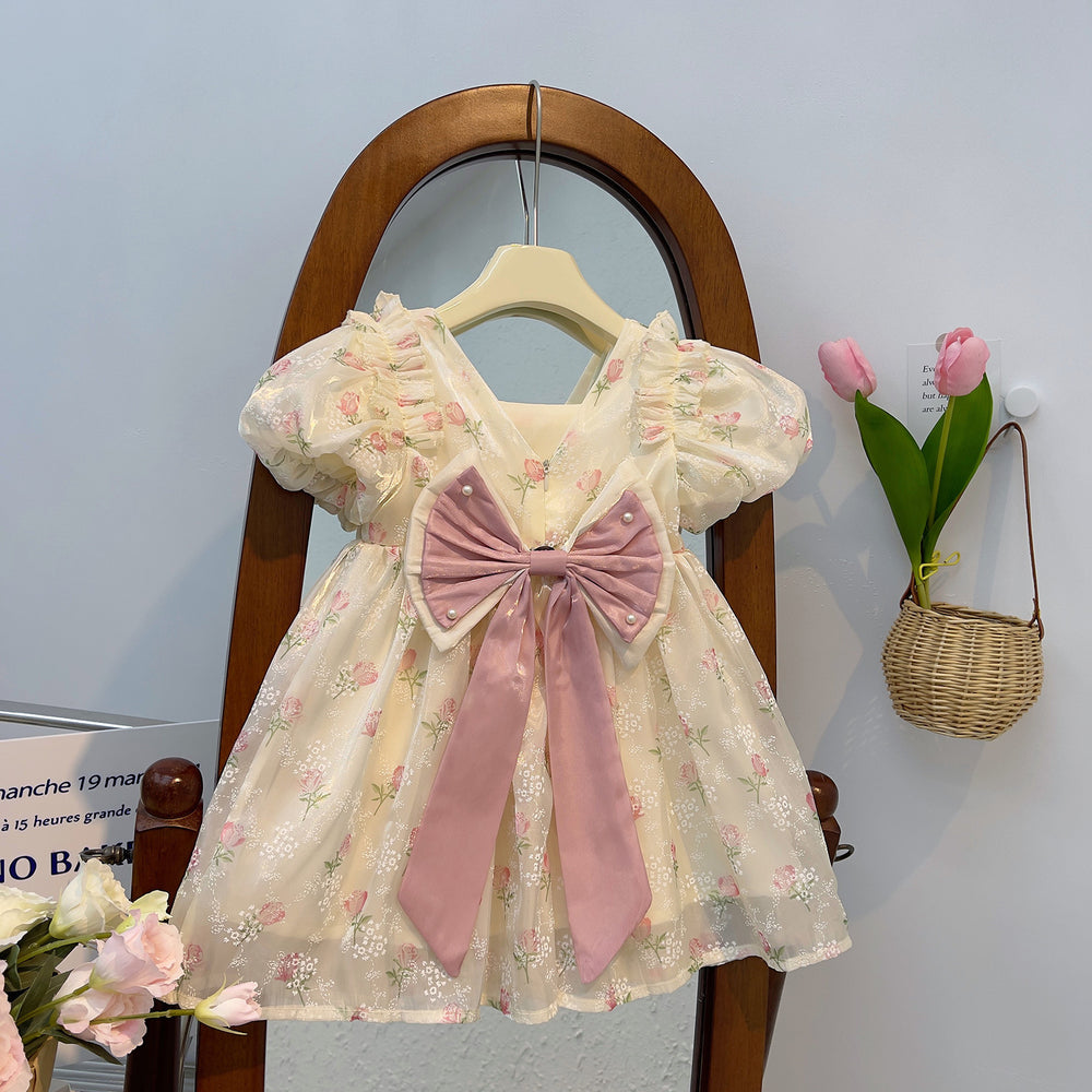 summer new arrival: baby girl's lace mesh floral dress with cute big bow - sweet and adorable princess dress