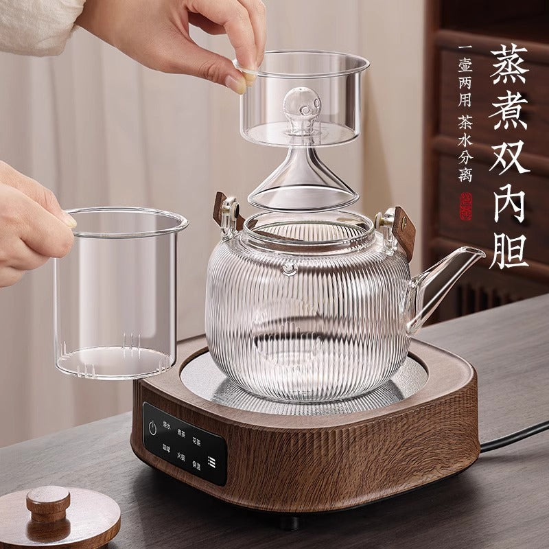 A complete set of wood grain electric ceramic stoves for making tea around the stove, a set of glass teapots for making tea around the stove, and an electric stove